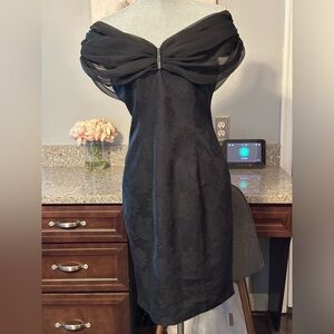 Vintage Leslie Fay Embossed Dress Draped Off Shoulder with rhinestones size 8